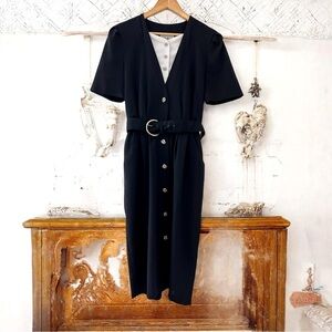 Vintage Periwinkle Black Midi Pencil Dress with Gold Buttons, Size 12, EUC